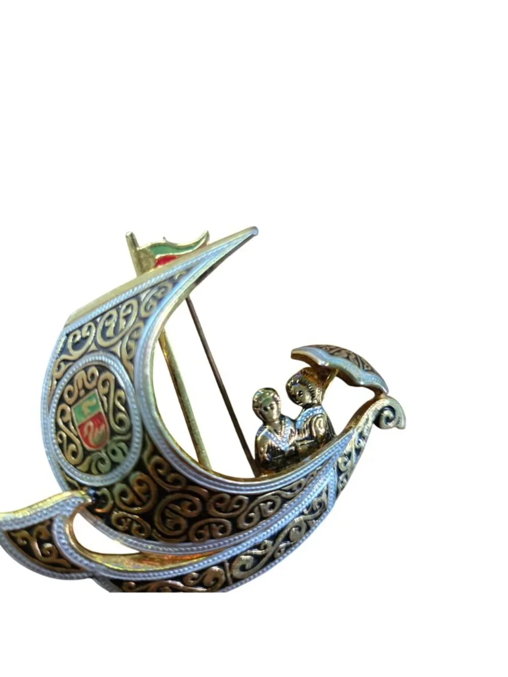Vintage Damascene Spanish Sailboat Brooch Romantic Couple Beneath Parasol